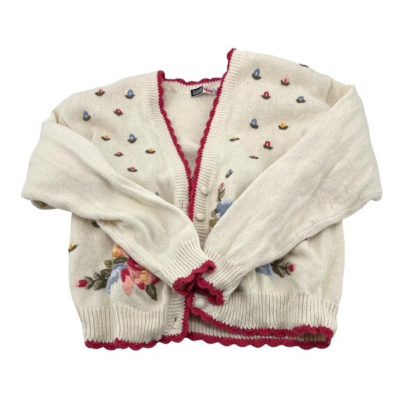 Lucia Petites Small Ivory Cardigan With Floral Embroidery & Pink Trim Vintage - Picture 1 of 4